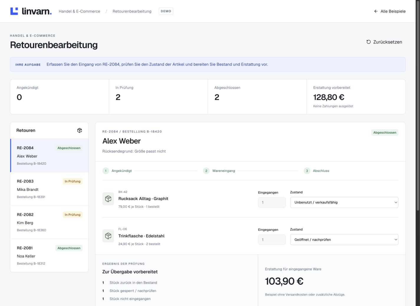 Ansicht: Retourenbearbeitung